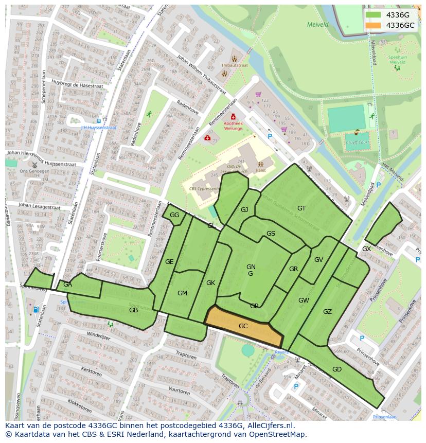 Afbeelding van het postcodegebied 4336 GC op de kaart.