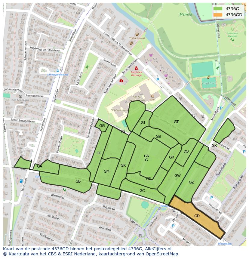 Afbeelding van het postcodegebied 4336 GD op de kaart.