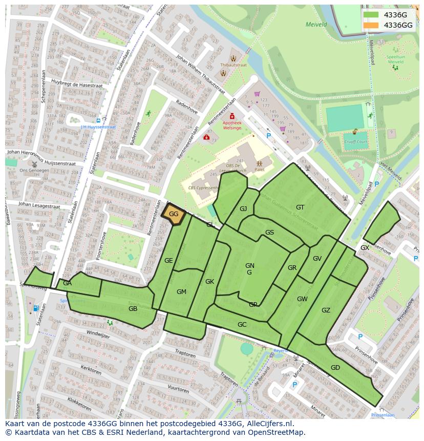 Afbeelding van het postcodegebied 4336 GG op de kaart.
