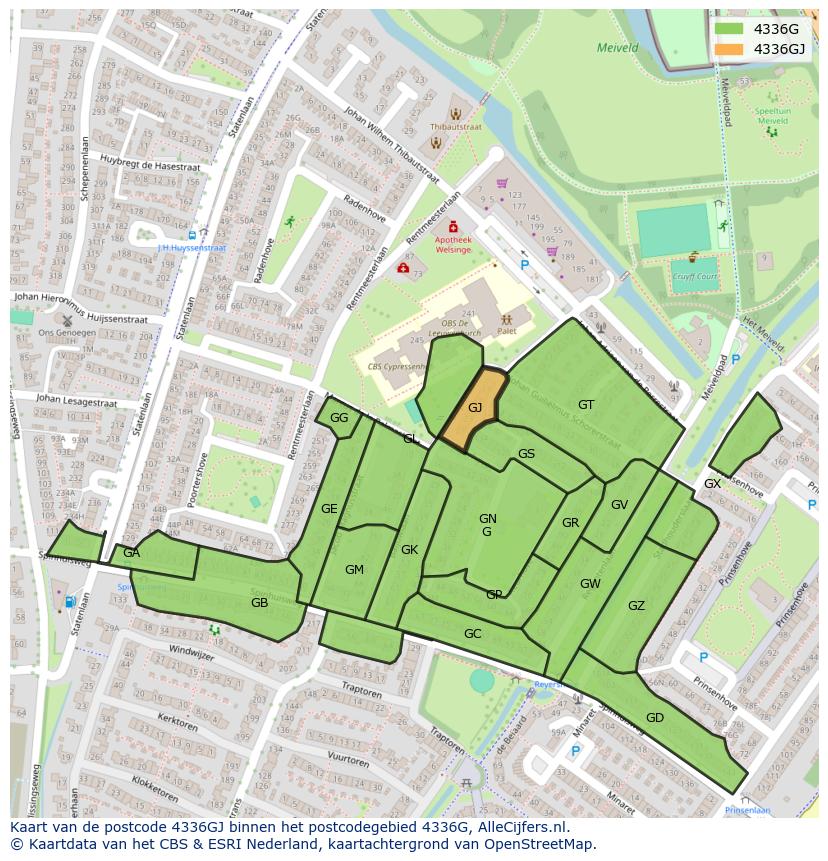 Afbeelding van het postcodegebied 4336 GJ op de kaart.