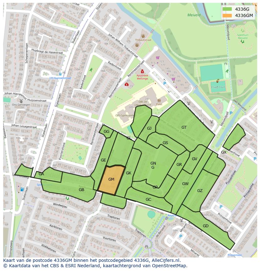 Afbeelding van het postcodegebied 4336 GM op de kaart.