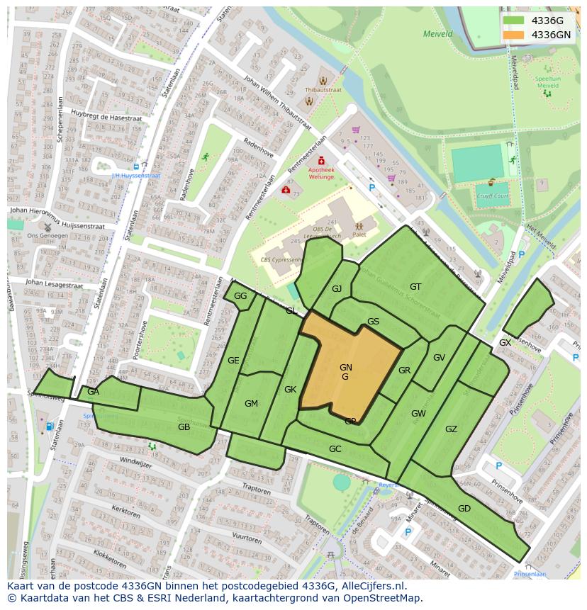 Afbeelding van het postcodegebied 4336 GN op de kaart.