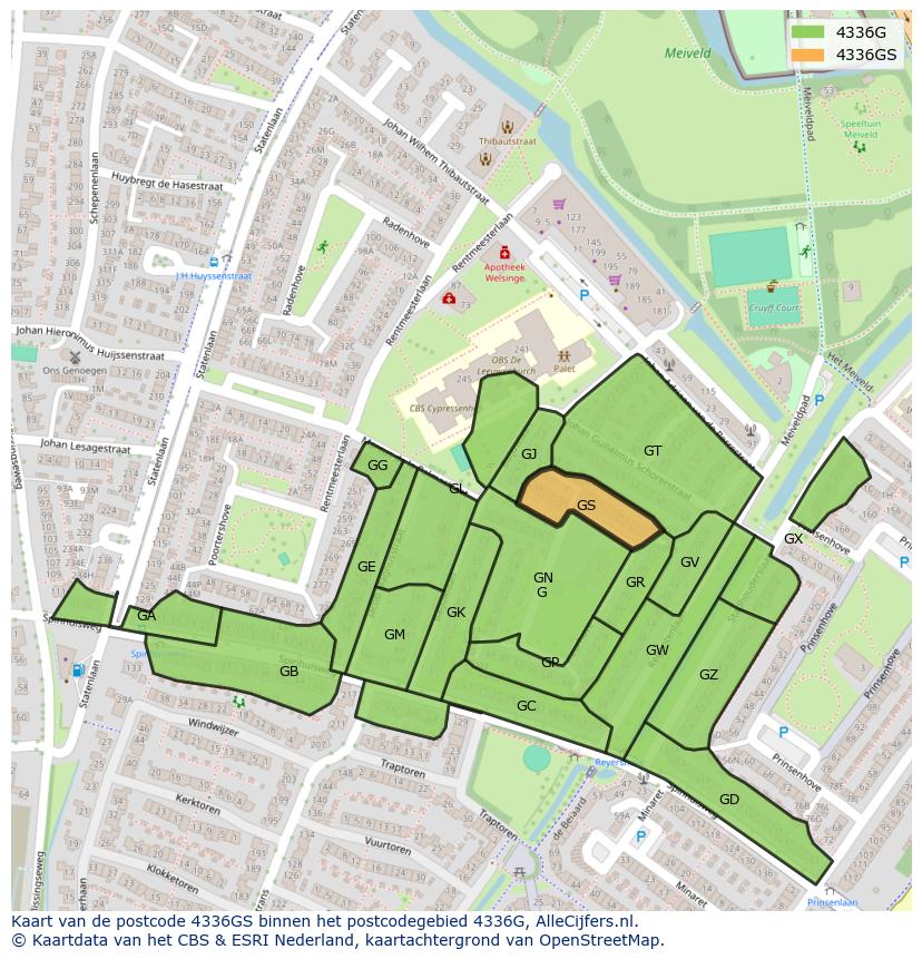 Afbeelding van het postcodegebied 4336 GS op de kaart.