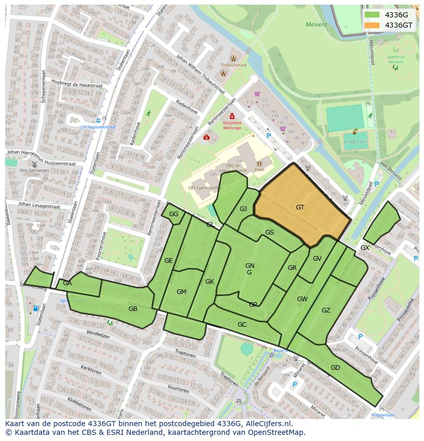 Afbeelding van het postcodegebied 4336 GT op de kaart.