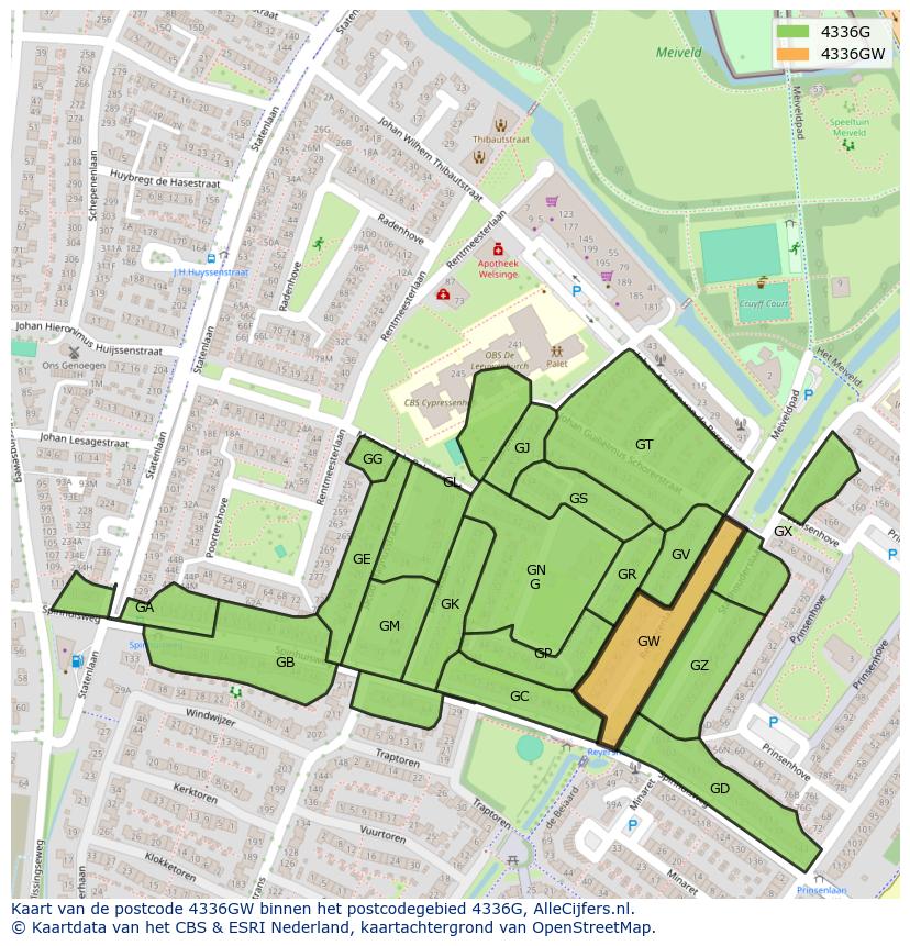Afbeelding van het postcodegebied 4336 GW op de kaart.