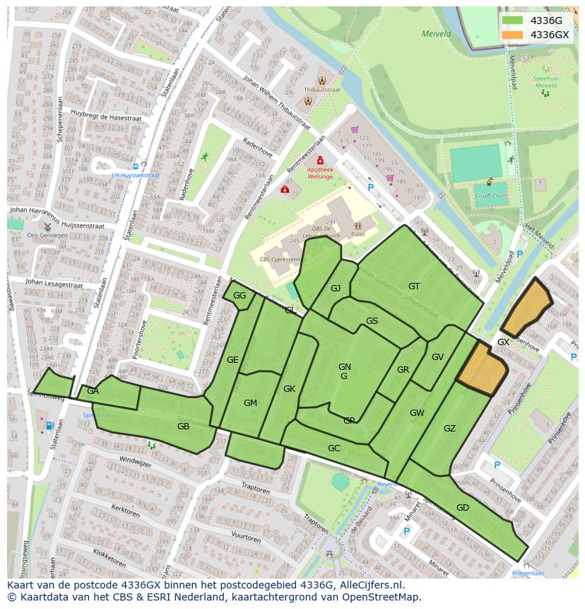 Afbeelding van het postcodegebied 4336 GX op de kaart.