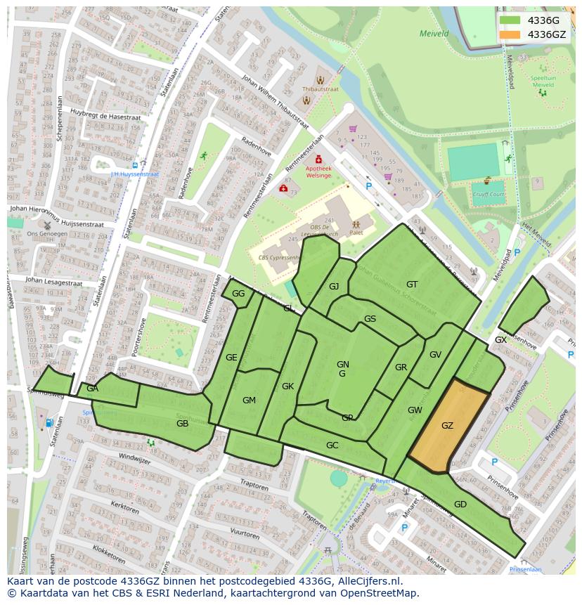 Afbeelding van het postcodegebied 4336 GZ op de kaart.
