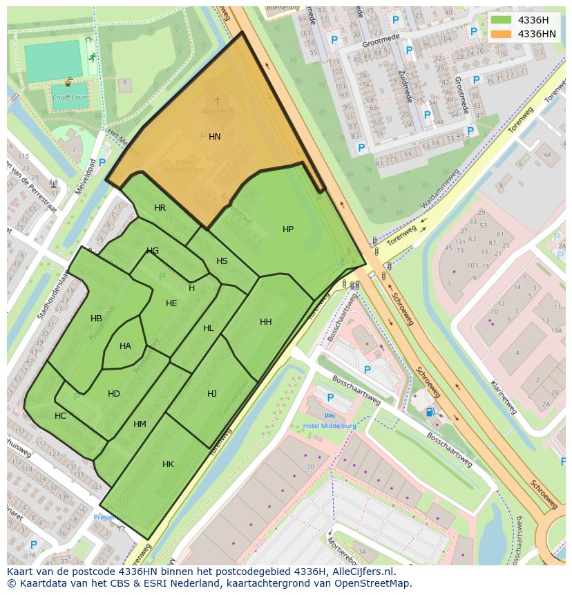 Afbeelding van het postcodegebied 4336 HN op de kaart.