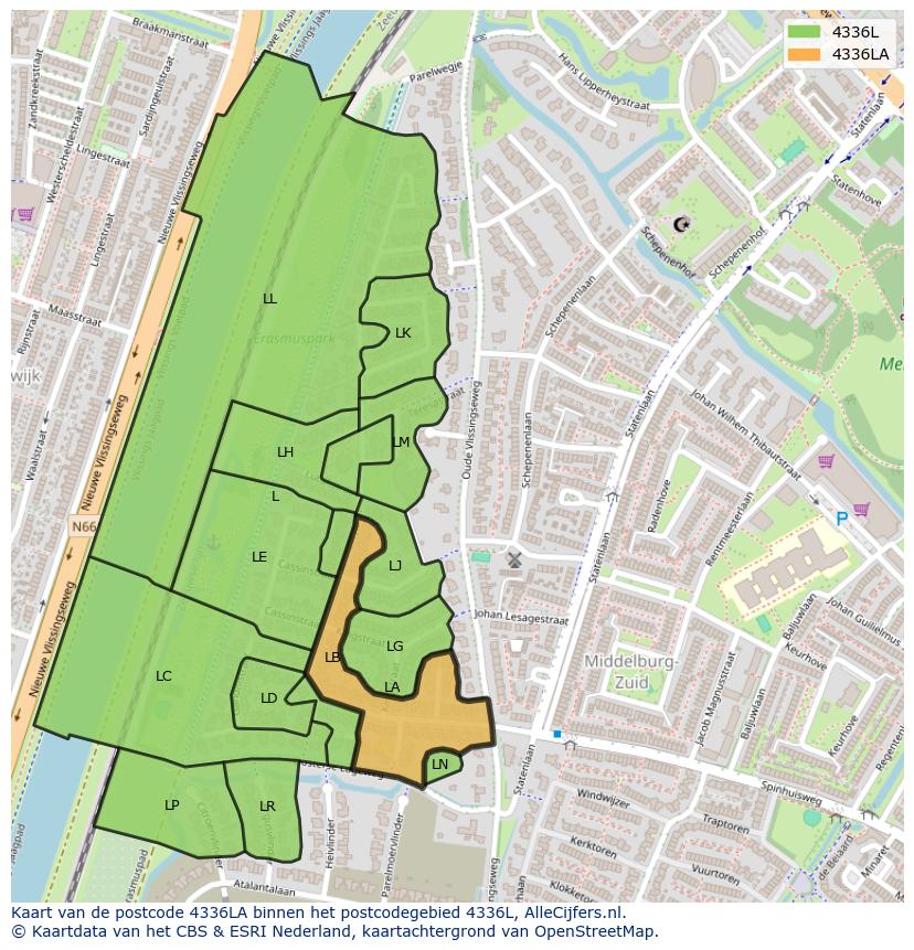 Afbeelding van het postcodegebied 4336 LA op de kaart.