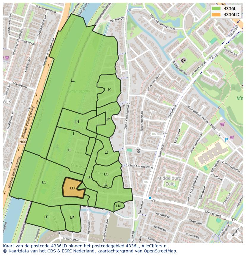 Afbeelding van het postcodegebied 4336 LD op de kaart.