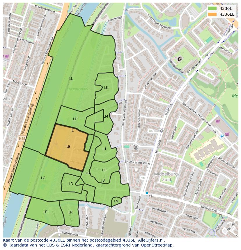 Afbeelding van het postcodegebied 4336 LE op de kaart.