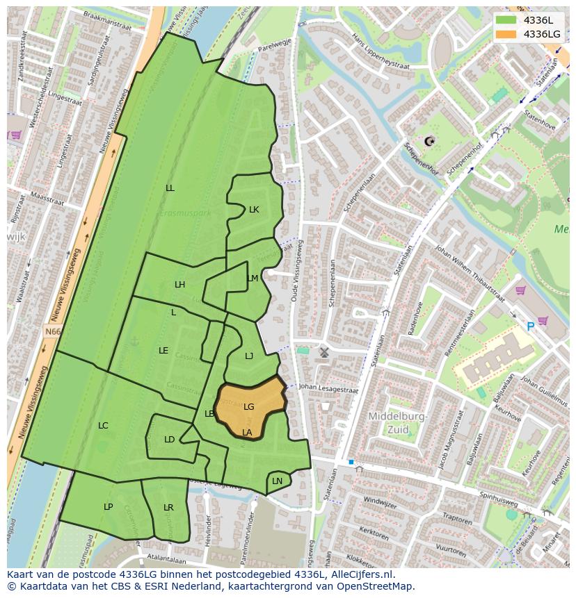 Afbeelding van het postcodegebied 4336 LG op de kaart.