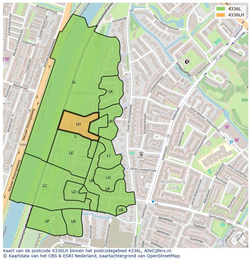 Afbeelding van het postcodegebied 4336 LH op de kaart.