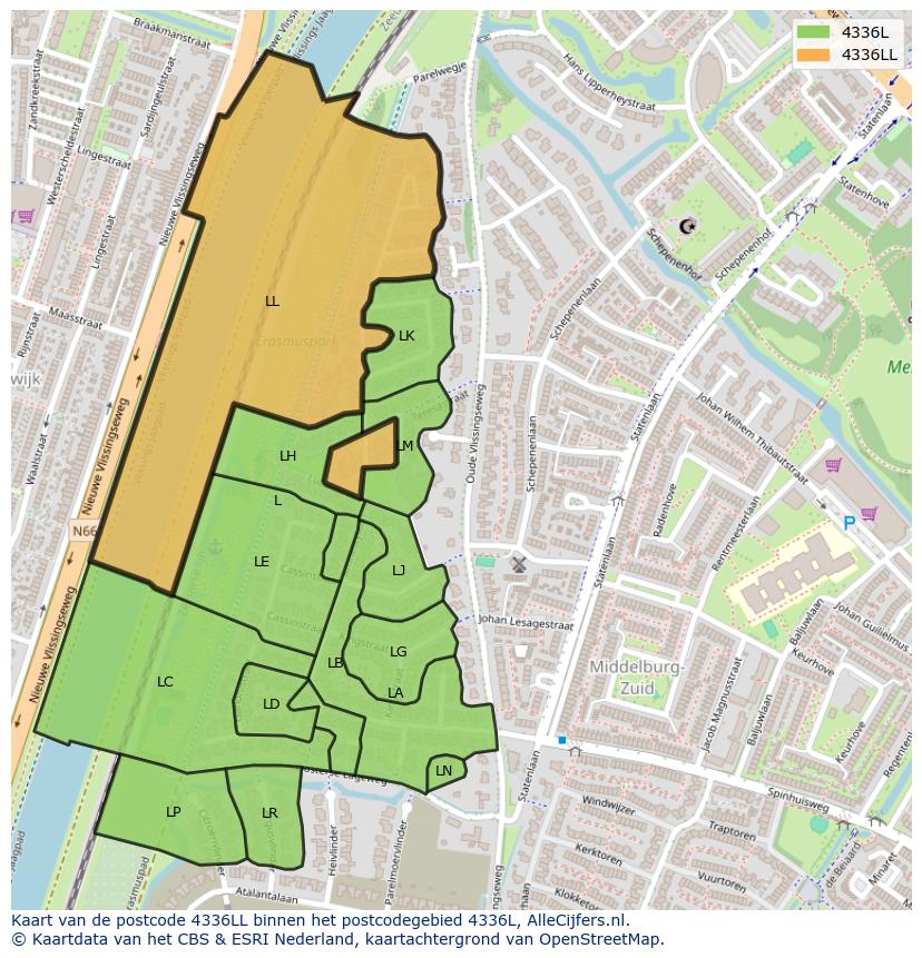 Afbeelding van het postcodegebied 4336 LL op de kaart.