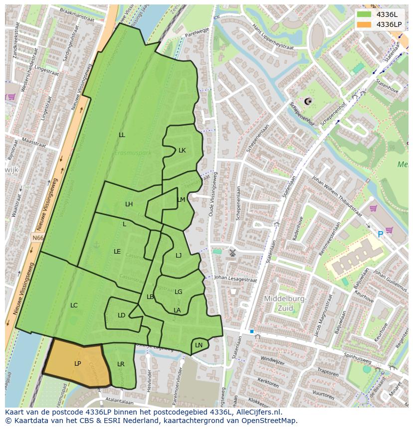 Afbeelding van het postcodegebied 4336 LP op de kaart.
