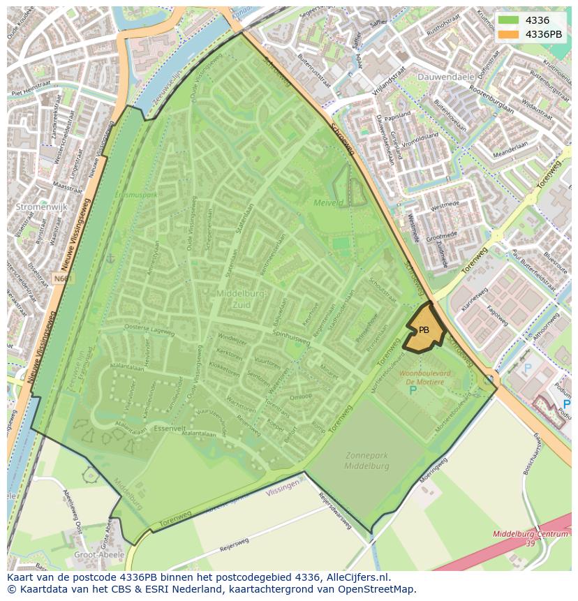 Afbeelding van het postcodegebied 4336 PB op de kaart.