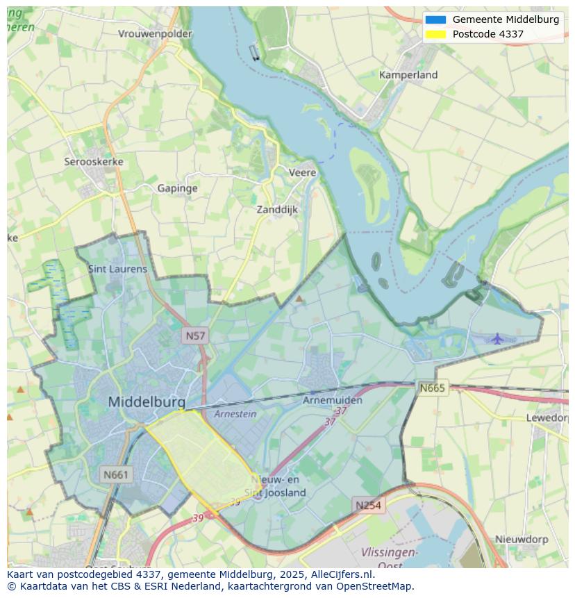 Afbeelding van het postcodegebied 4337 op de kaart.