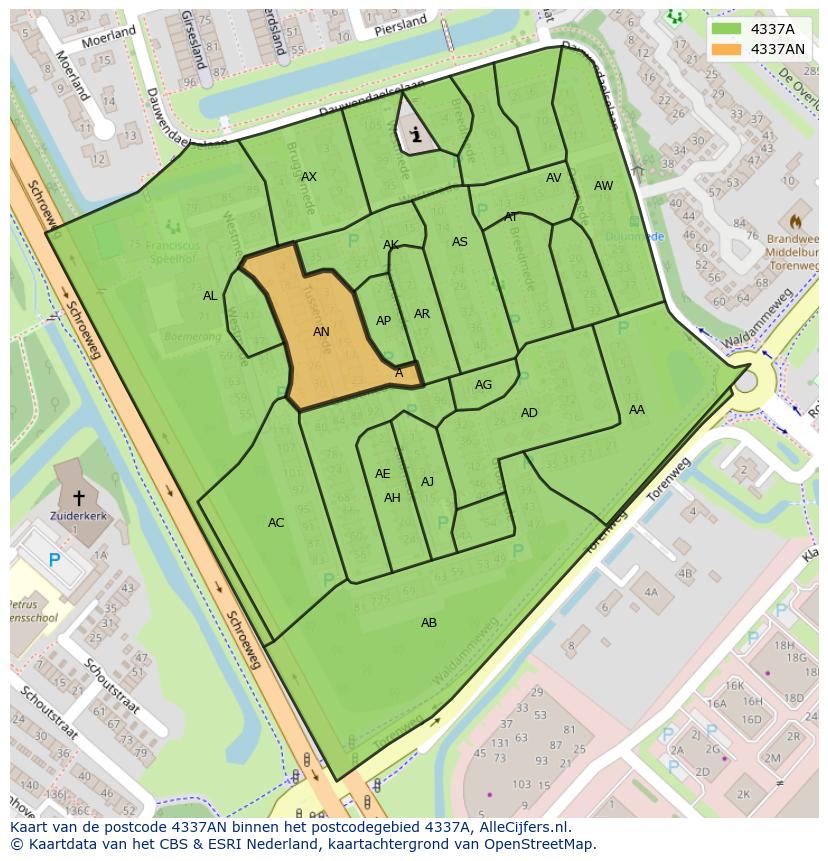 Afbeelding van het postcodegebied 4337 AN op de kaart.