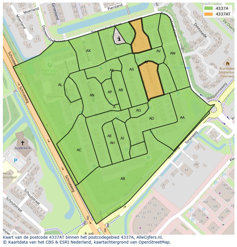 Afbeelding van het postcodegebied 4337 AT op de kaart.