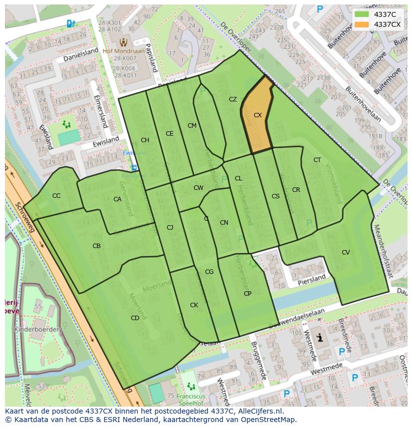 Afbeelding van het postcodegebied 4337 CX op de kaart.