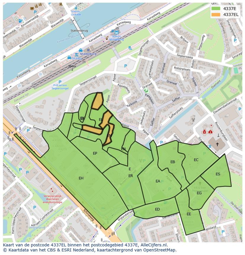 Afbeelding van het postcodegebied 4337 EL op de kaart.