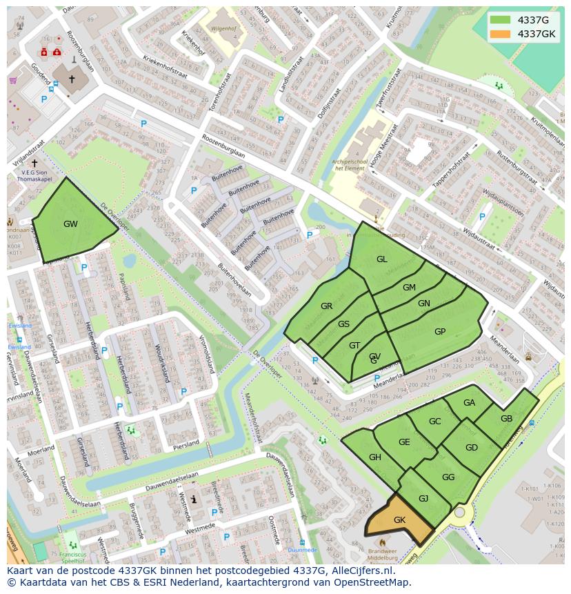 Afbeelding van het postcodegebied 4337 GK op de kaart.