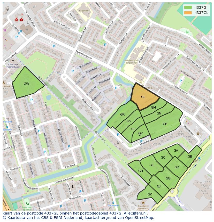 Afbeelding van het postcodegebied 4337 GL op de kaart.