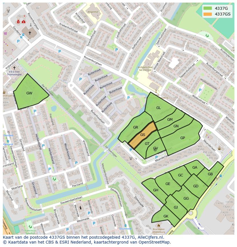 Afbeelding van het postcodegebied 4337 GS op de kaart.