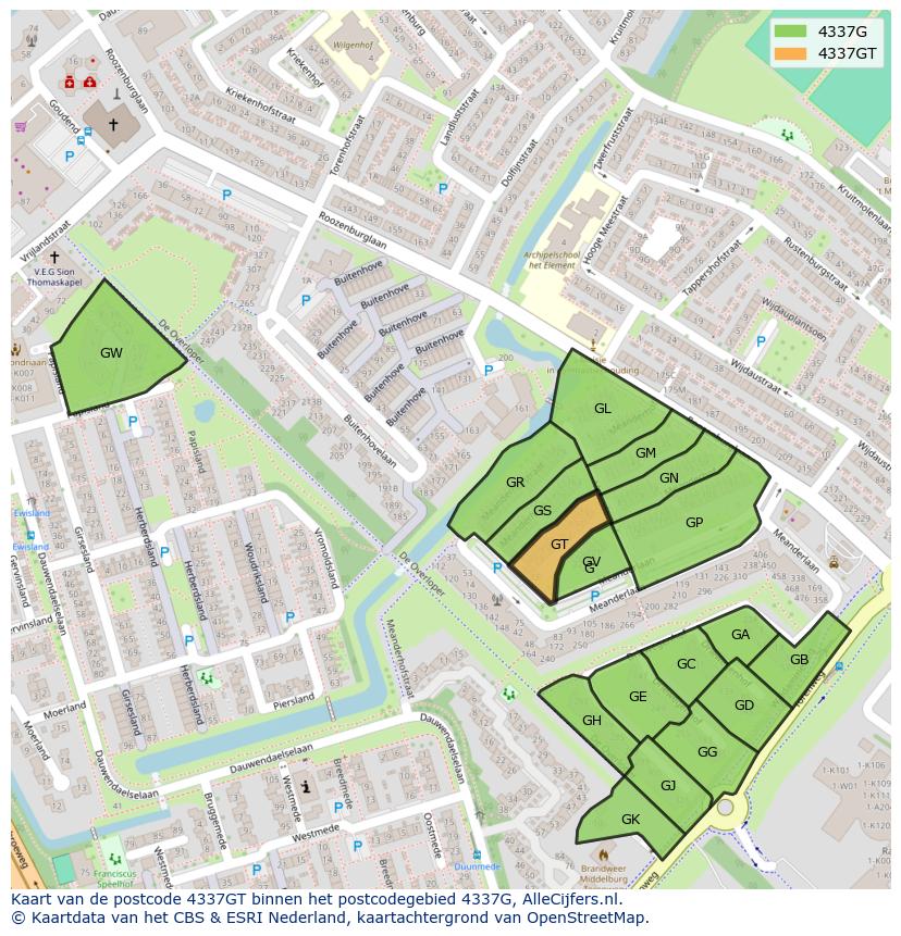 Afbeelding van het postcodegebied 4337 GT op de kaart.