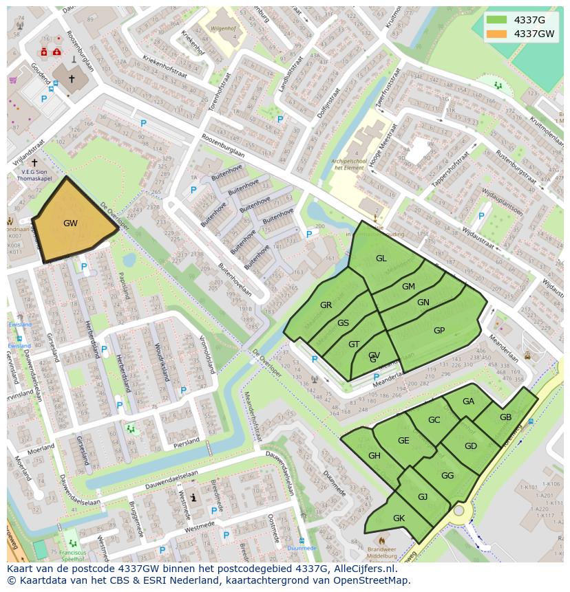 Afbeelding van het postcodegebied 4337 GW op de kaart.