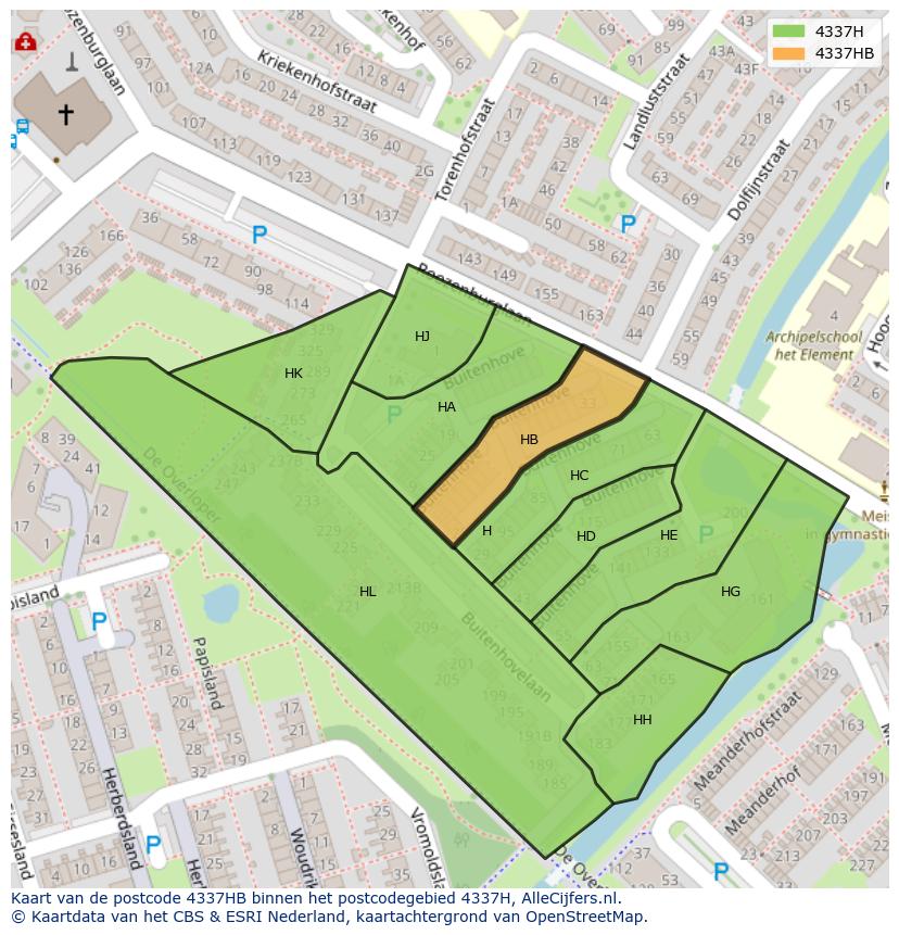 Afbeelding van het postcodegebied 4337 HB op de kaart.