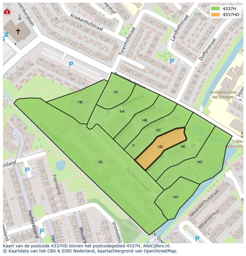 Afbeelding van het postcodegebied 4337 HD op de kaart.