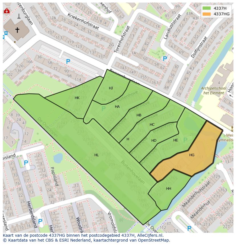 Afbeelding van het postcodegebied 4337 HG op de kaart.