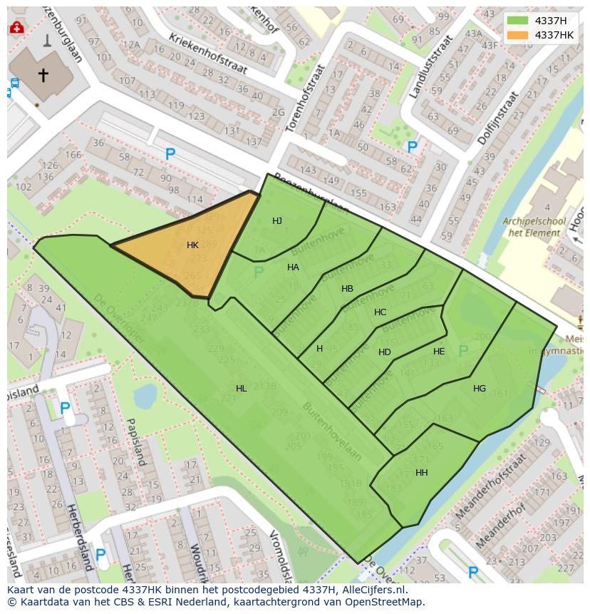 Afbeelding van het postcodegebied 4337 HK op de kaart.
