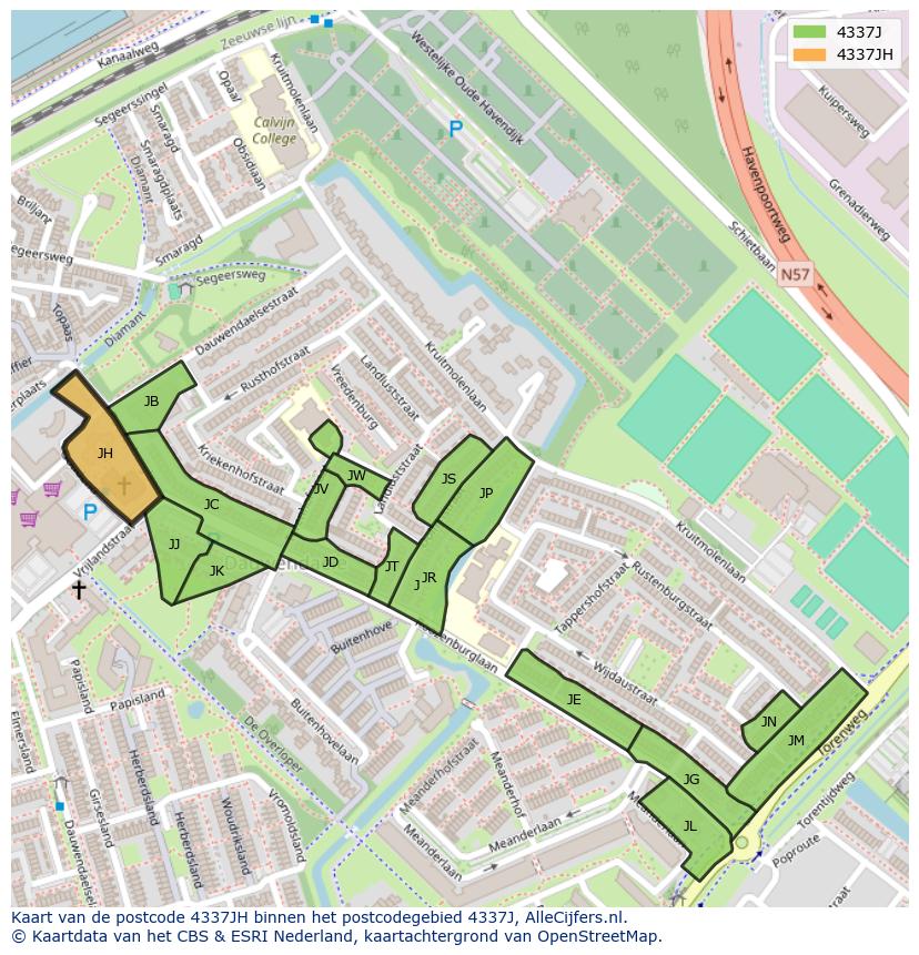 Afbeelding van het postcodegebied 4337 JH op de kaart.
