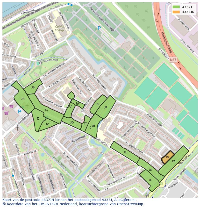 Afbeelding van het postcodegebied 4337 JN op de kaart.