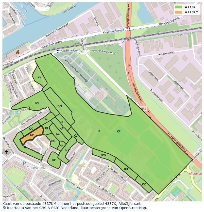 Afbeelding van het postcodegebied 4337 KM op de kaart.