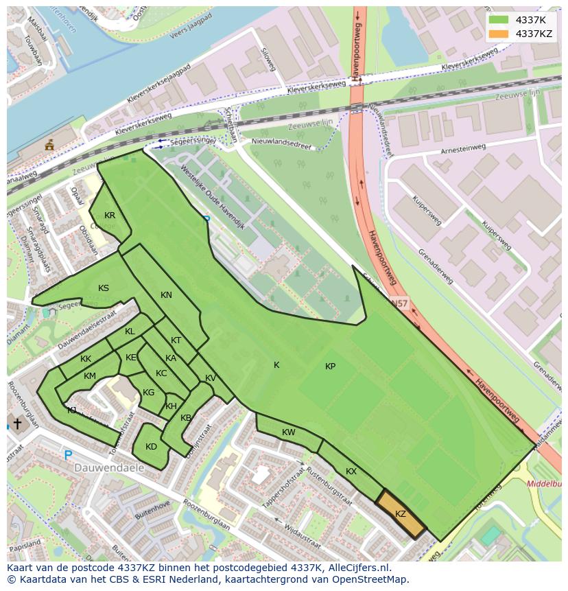 Afbeelding van het postcodegebied 4337 KZ op de kaart.
