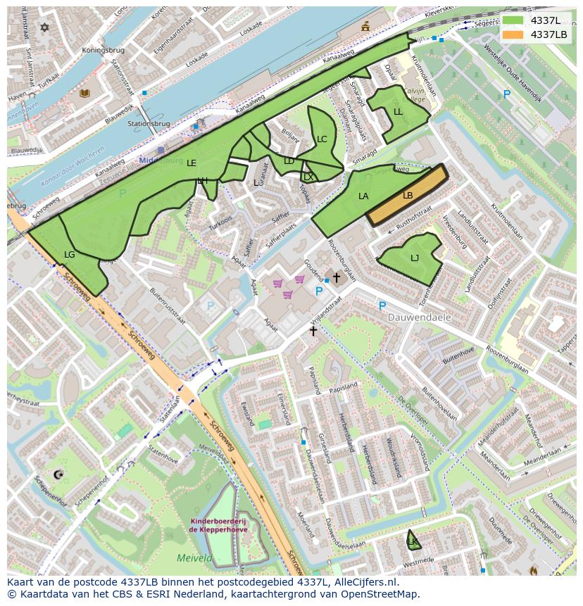 Afbeelding van het postcodegebied 4337 LB op de kaart.