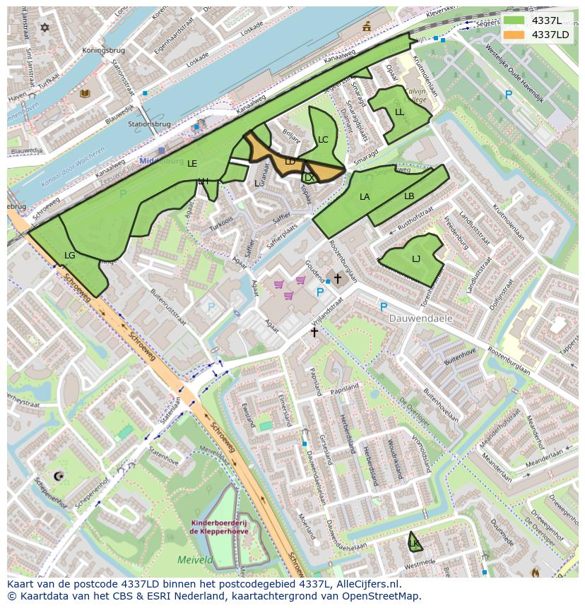 Afbeelding van het postcodegebied 4337 LD op de kaart.