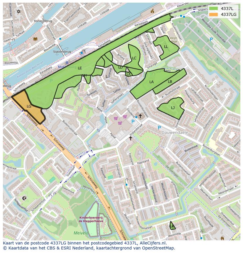 Afbeelding van het postcodegebied 4337 LG op de kaart.