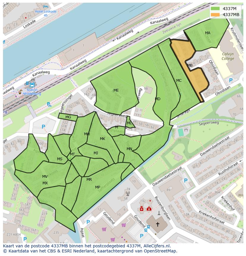 Afbeelding van het postcodegebied 4337 MB op de kaart.