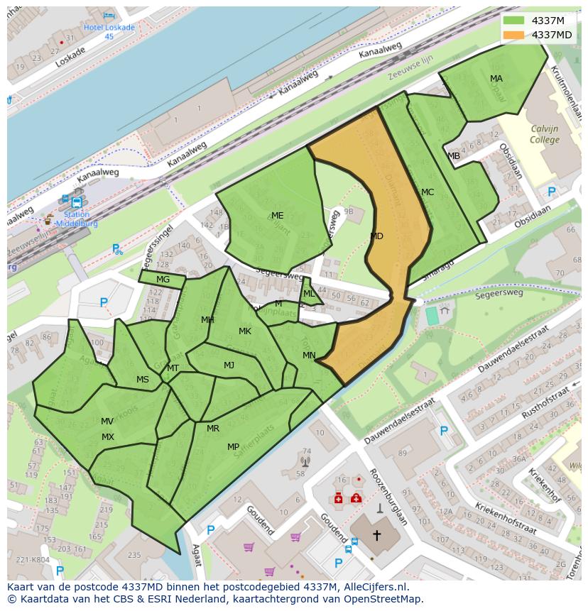 Afbeelding van het postcodegebied 4337 MD op de kaart.