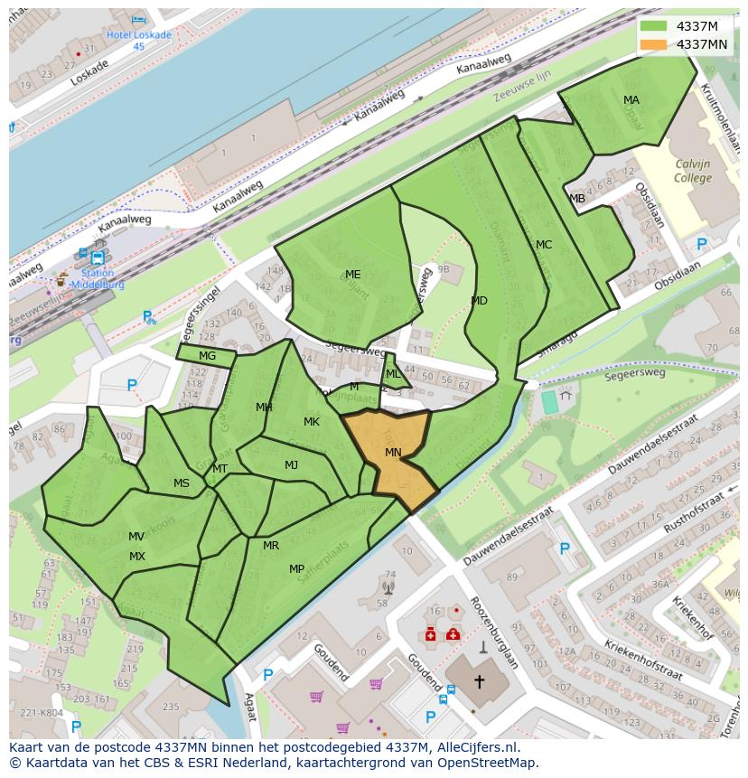 Afbeelding van het postcodegebied 4337 MN op de kaart.