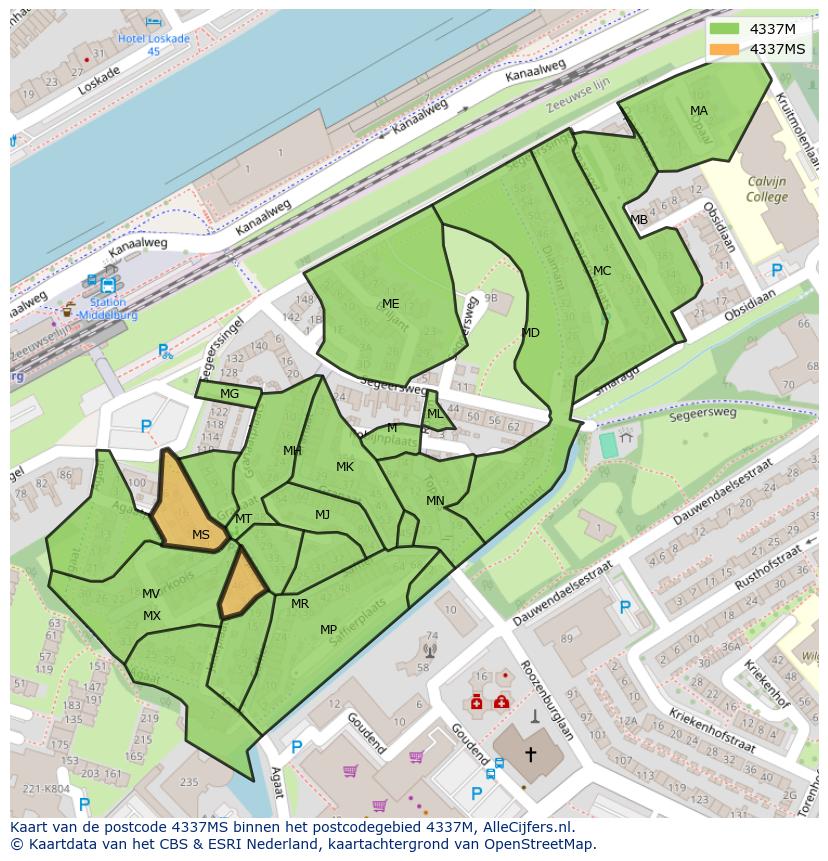 Afbeelding van het postcodegebied 4337 MS op de kaart.