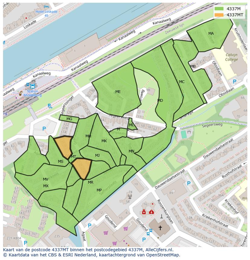 Afbeelding van het postcodegebied 4337 MT op de kaart.