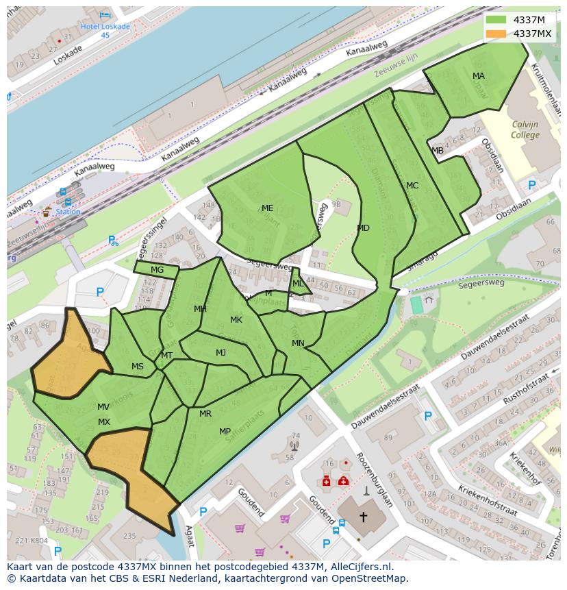 Afbeelding van het postcodegebied 4337 MX op de kaart.