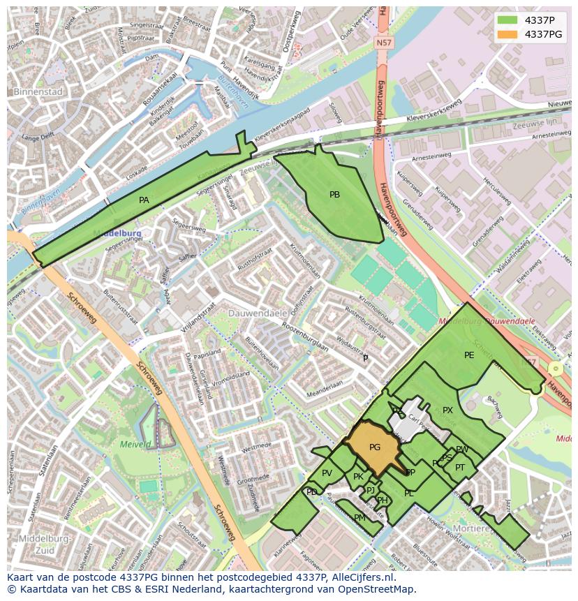 Afbeelding van het postcodegebied 4337 PG op de kaart.