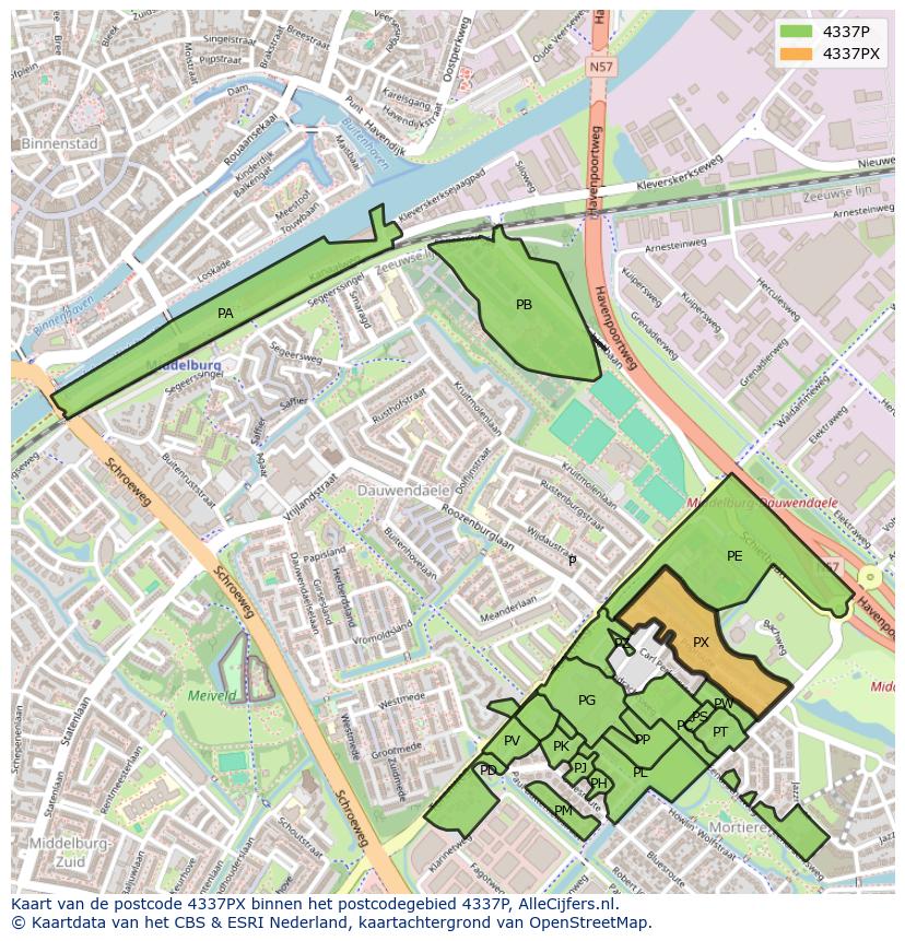 Afbeelding van het postcodegebied 4337 PX op de kaart.