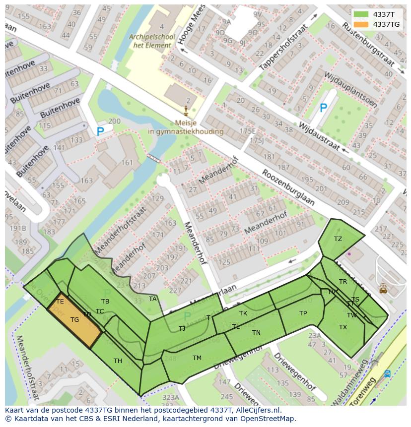 Afbeelding van het postcodegebied 4337 TG op de kaart.